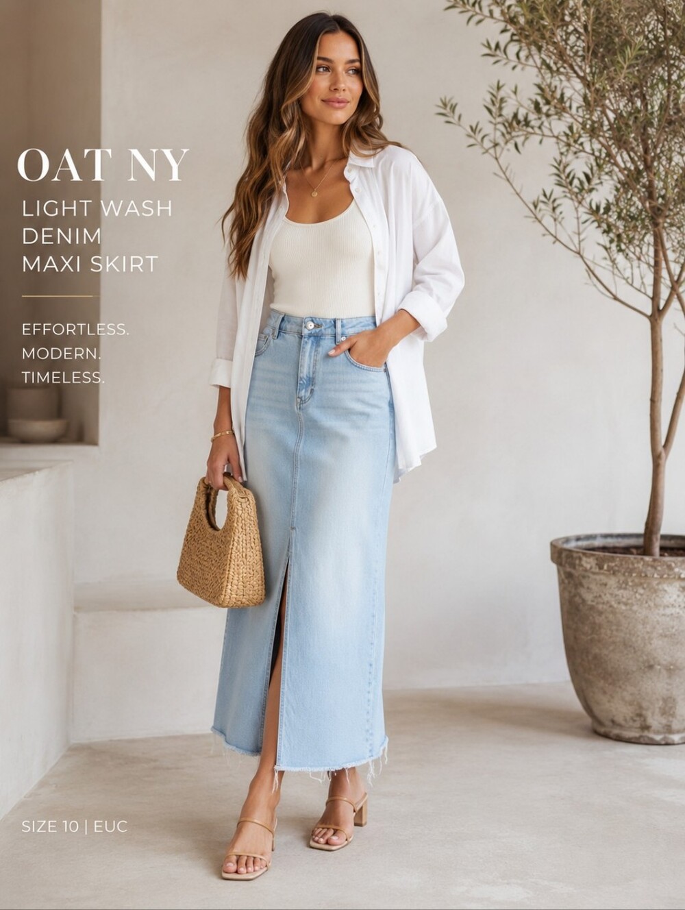 OAT NY Light Wash Denim Maxi Skirt | Size 10 | Raw Hem Front Slit | Minimalist